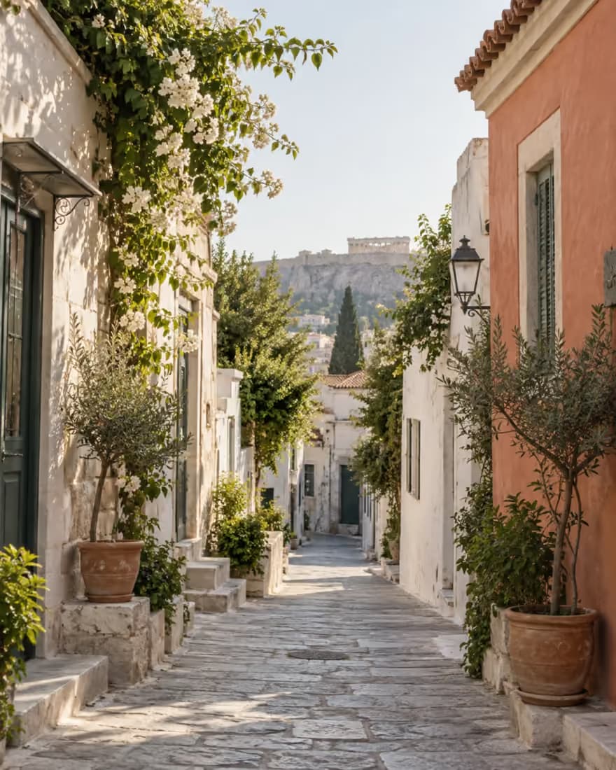 En lugn gata i Aten med Akropolis i fjärran
